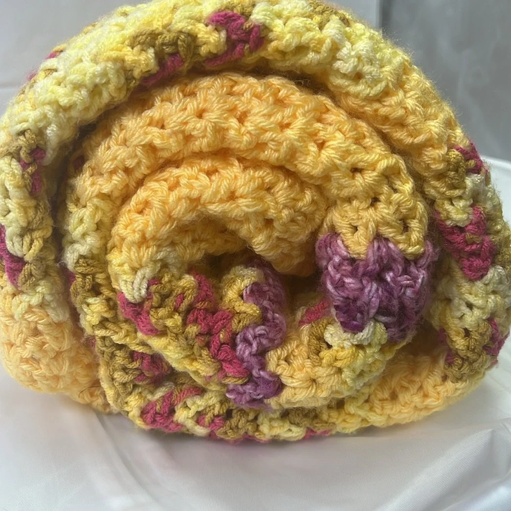 82” x 45” Hand Knit Throw Blanket Soft Yellow Purple